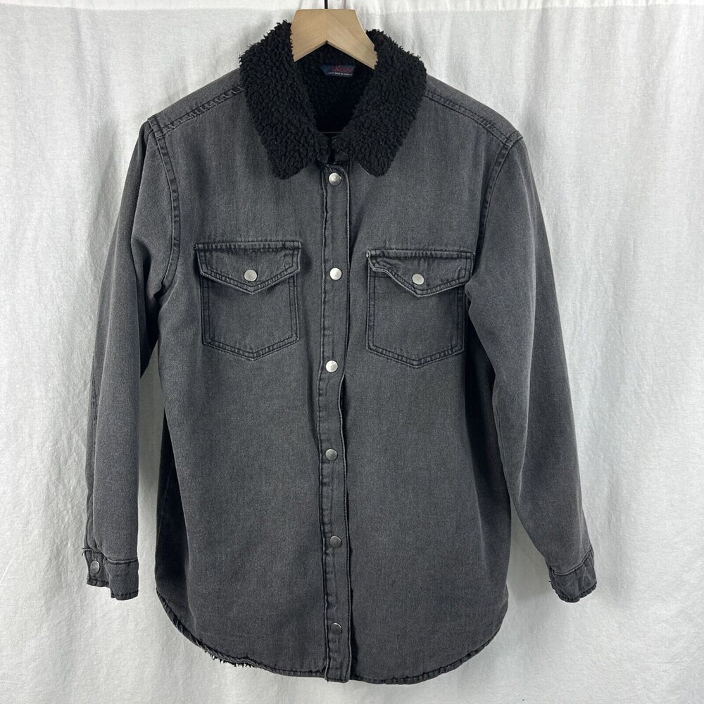 Excuse Never Enough Vintage Sherpa Lined Gray Denim Snap Button Jacket Size M
